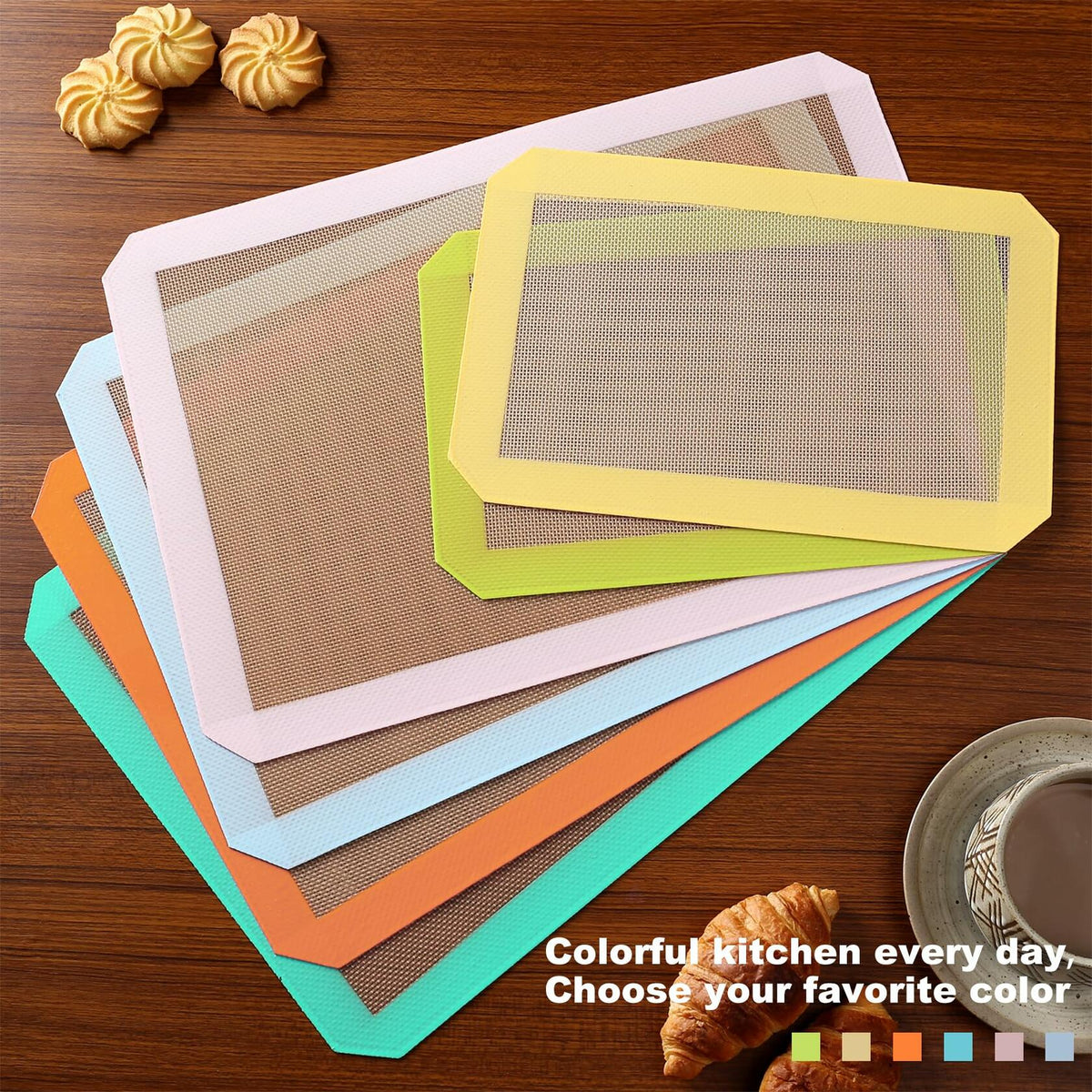 Colorful Silicone Baking Mat Non Stick Food Safe Reusable 3 Pk Orange Blue Green