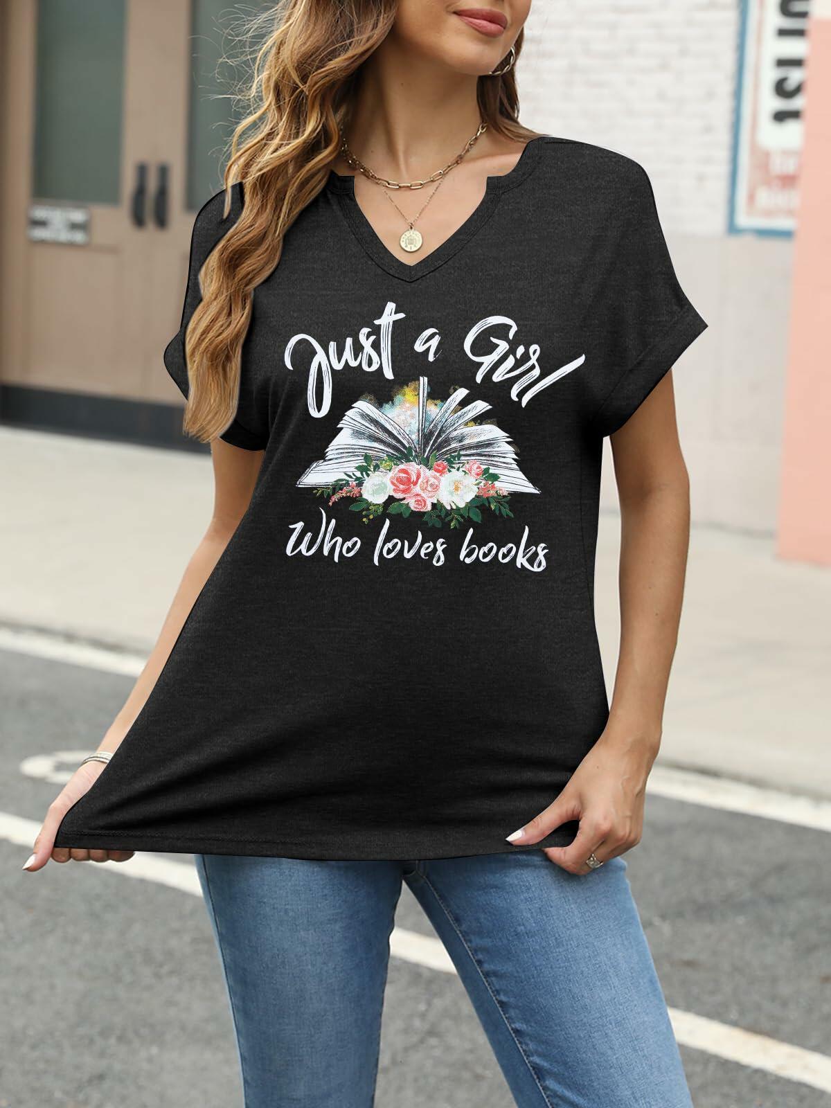 Women Book Lovers Graphic Tee V Neck Short Sleeve Dark Gray Size XL