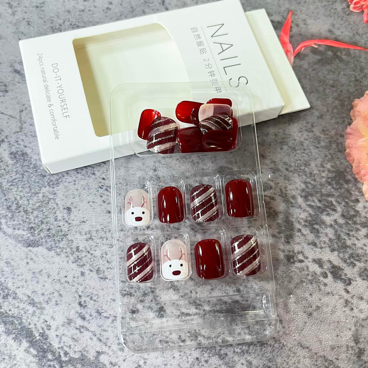Christmas Acrylic Press On Nails Short Square Red Full Cover Cute Elk Glitter