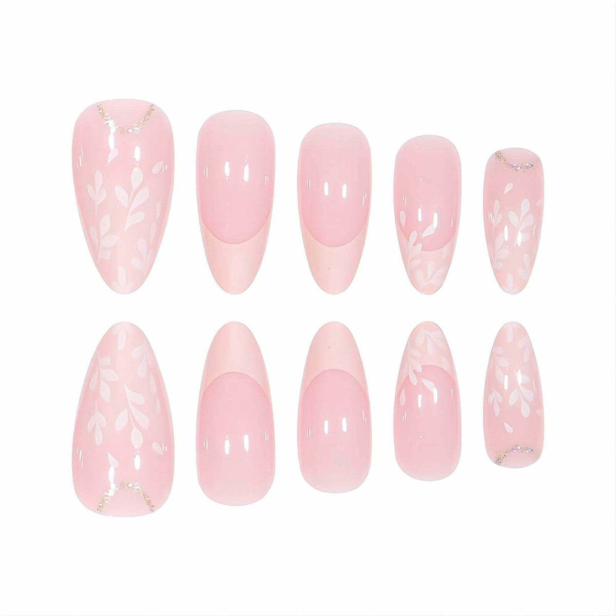 RUOKEXIN Pink Press On Nails Medium Almond French White Tip Glitter Leaves