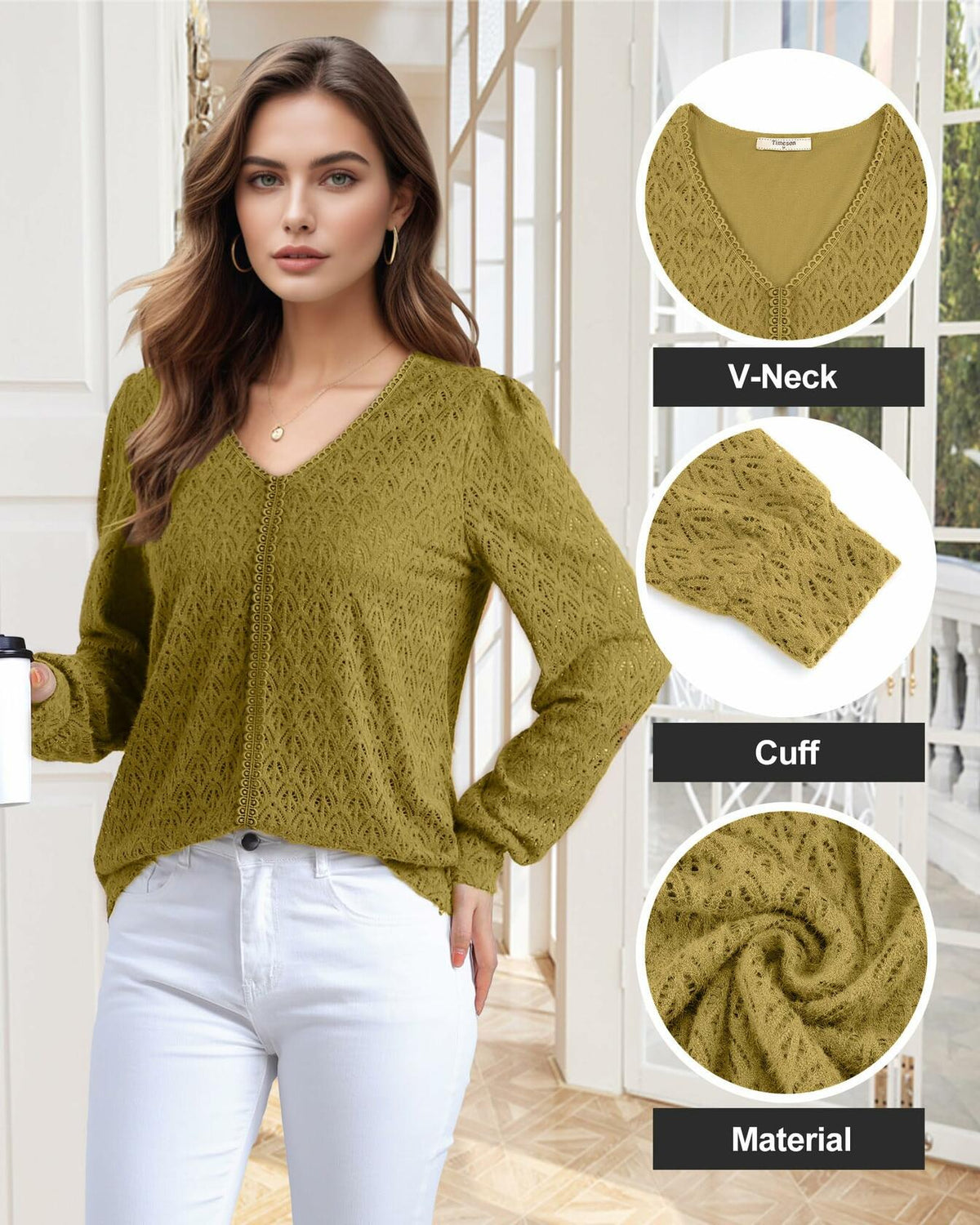Timeson Women's Lace Knit V Neck Long Sleeve Shirt Green Size XL