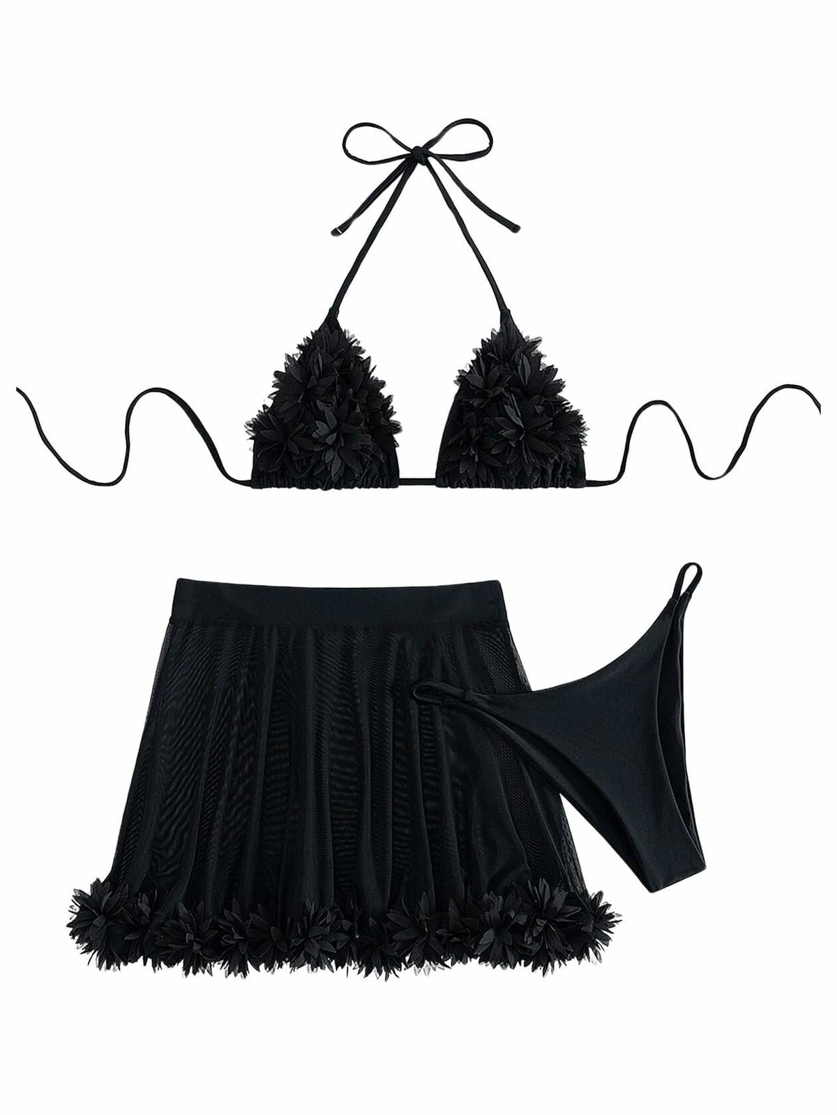 OYOANGLE Women's 3-Piece Halter Triangle Bikini Swimsuit Mesh Skirt Black M