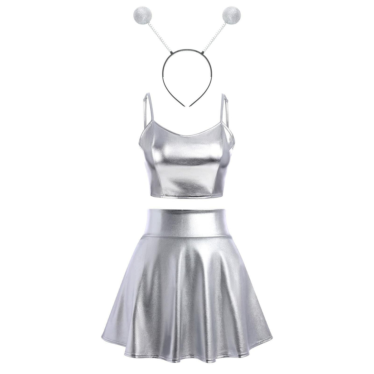 Alien Costume Women Metallic Crop Top Skirt Headband Silver Size 2XL