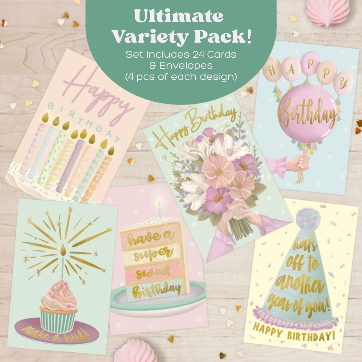 Birthday Cards Assortment Women Gold Foil 4x6 Envelopes 24 Pack