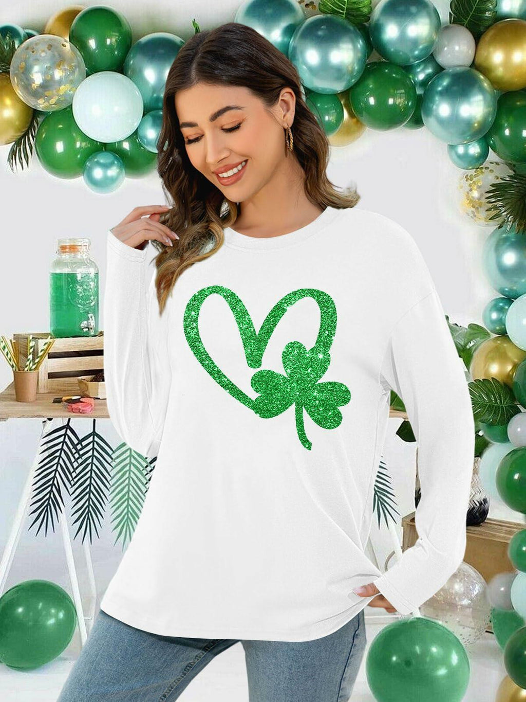 St Patrick's Day Women's Oversized Lucky Shamrock Long Sleeve Tee Size S