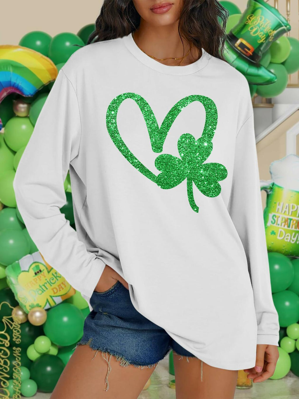 St Patrick's Day Women's Oversized Lucky Shamrock Long Sleeve Tee Size S