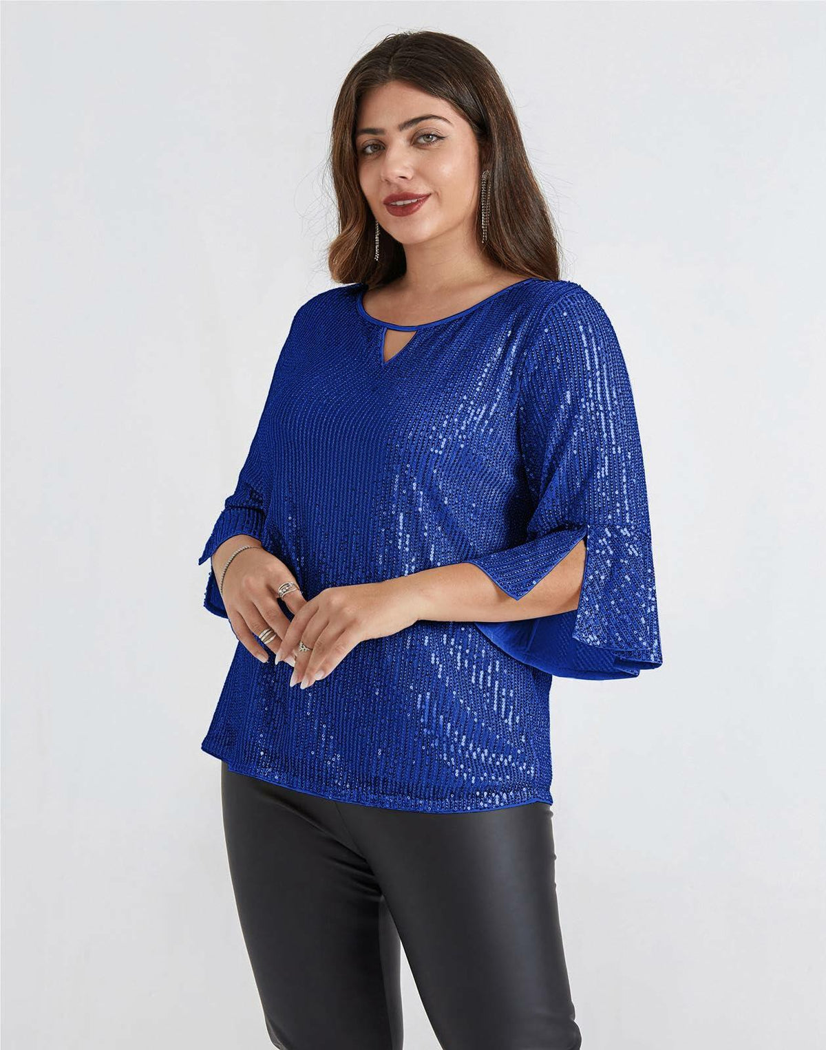 Hanna Nikole Sequin Ruffle Long Sleeve Wrap Blouse Blue Size 18Plus