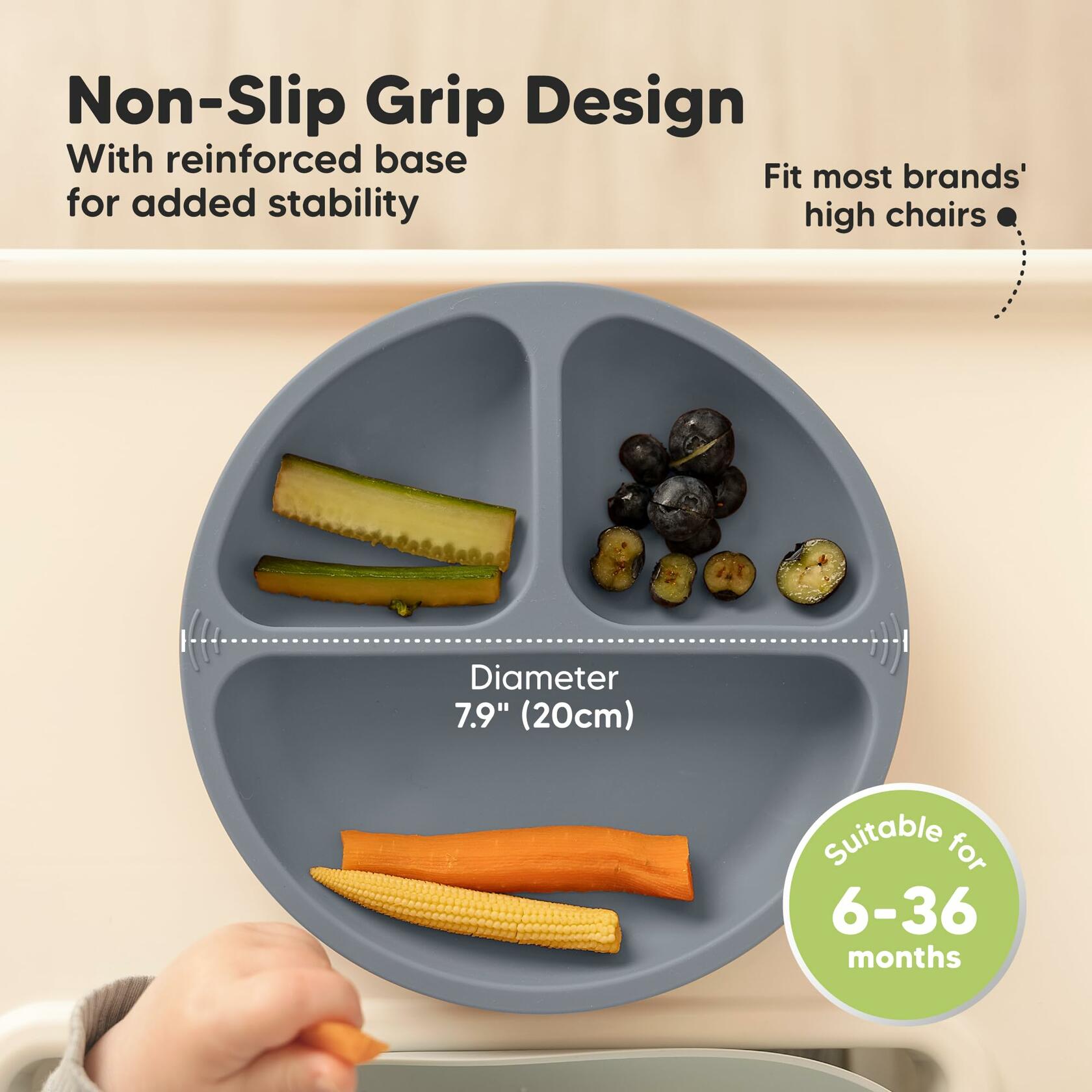 KeaBabies Silicone Suction Toddler Plates Divided 3-Pack Slate BPA-Free