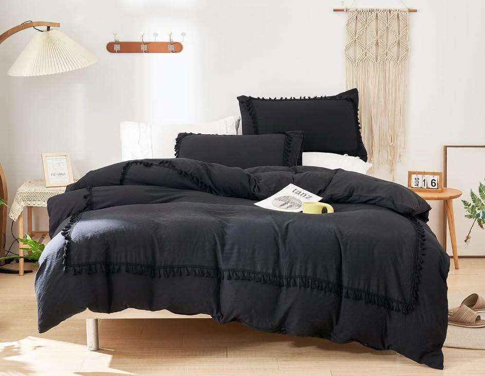 SOUKECHY Boho Chic Full Duvet Cover 3PC Tufted Tassel Fringe Boho Full
