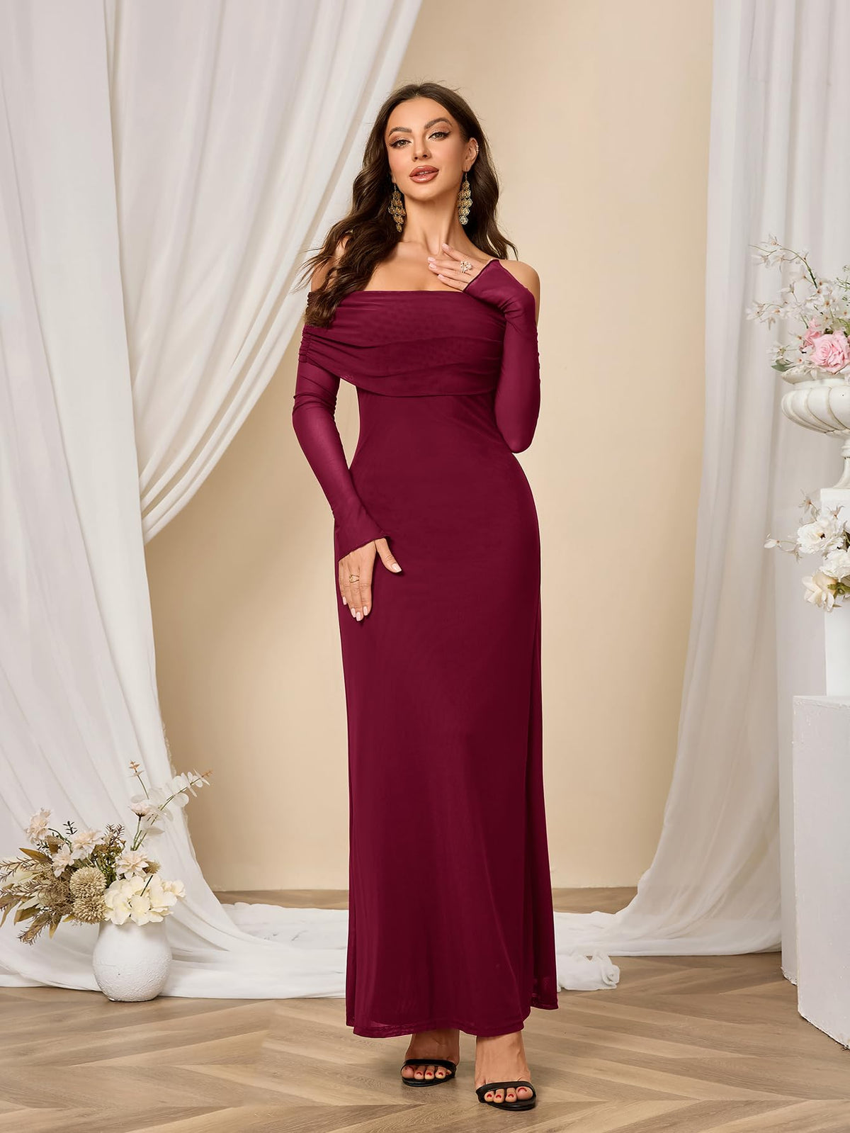 Colysmo Women Off Shoulder Mesh Bodycon Maxi Dress Burgundy Size XL