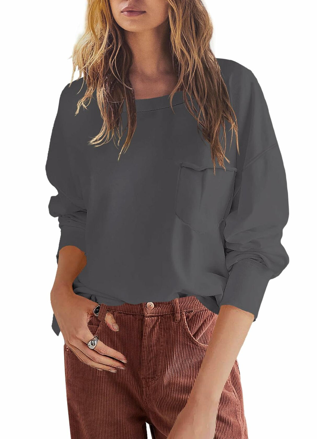SENSERISE Womens Crewneck Sweatshirt Long Sleeve Pockets Coffee Brown Size L