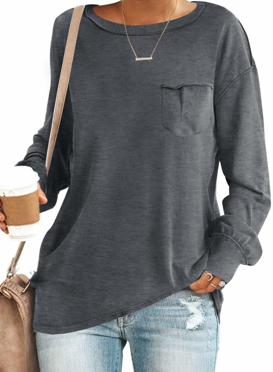 SENSERISE Womens Crewneck Sweatshirt Long Sleeve Pockets Coffee Brown Size L