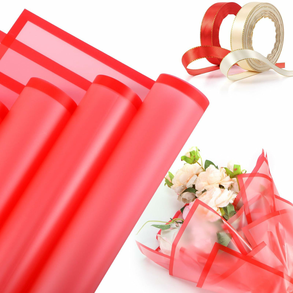 Tenare 36pcs Waterproof Flower Wrapping Paper & 50yd Satin Ribbon Red