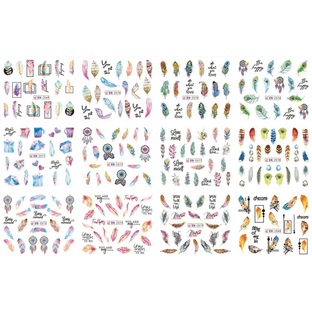 Feather Nail Water Sticker Decals Dream Catcher Colorful 12PCS Nail Art