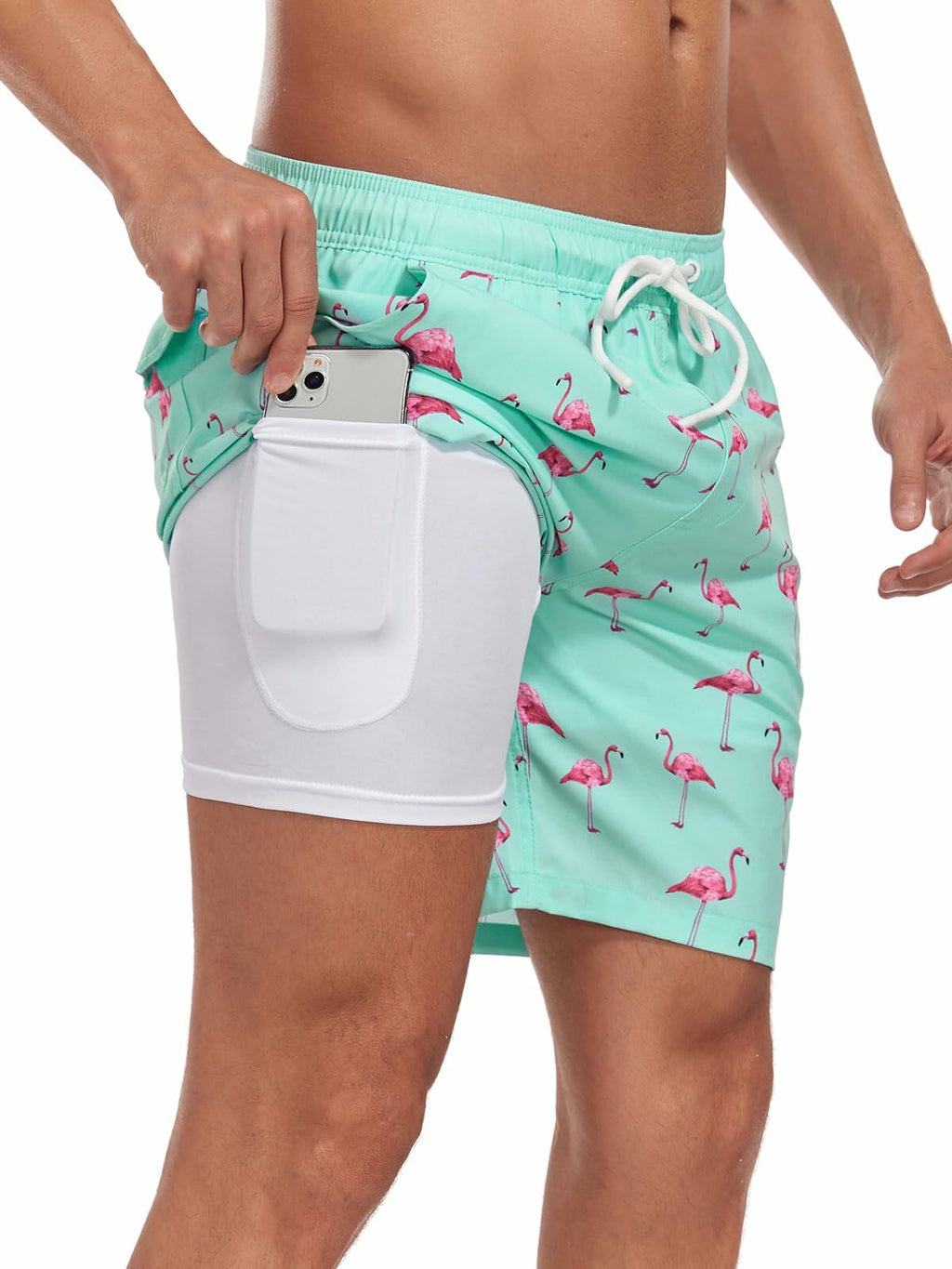 SHEKINI Mens Swim Trunks Quick Dry Compression Lining Pockets Light Green XL