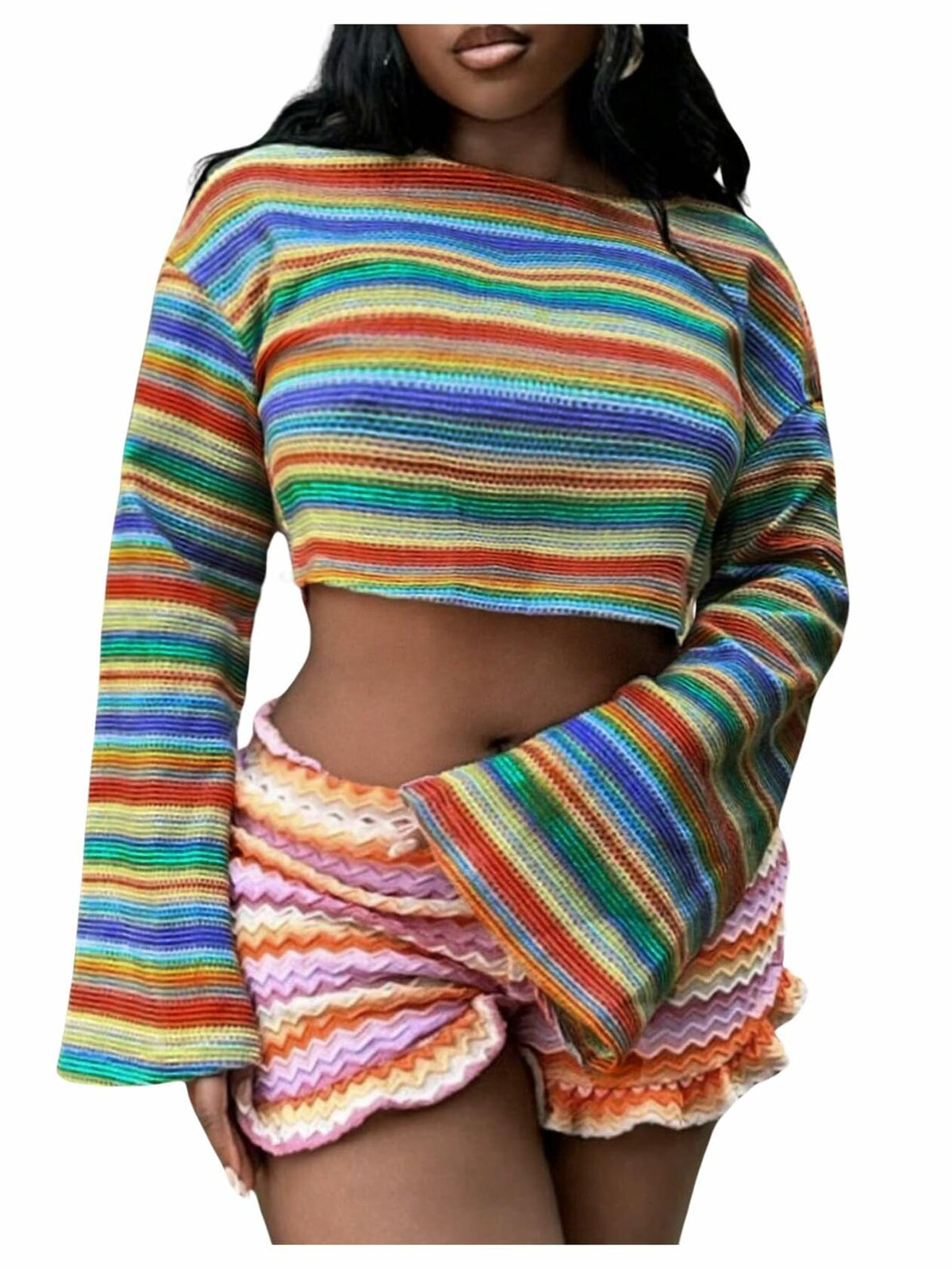 RoseSeek Women's Striped Crop Top Long Sleeve Knit Tee Multicolor Size S