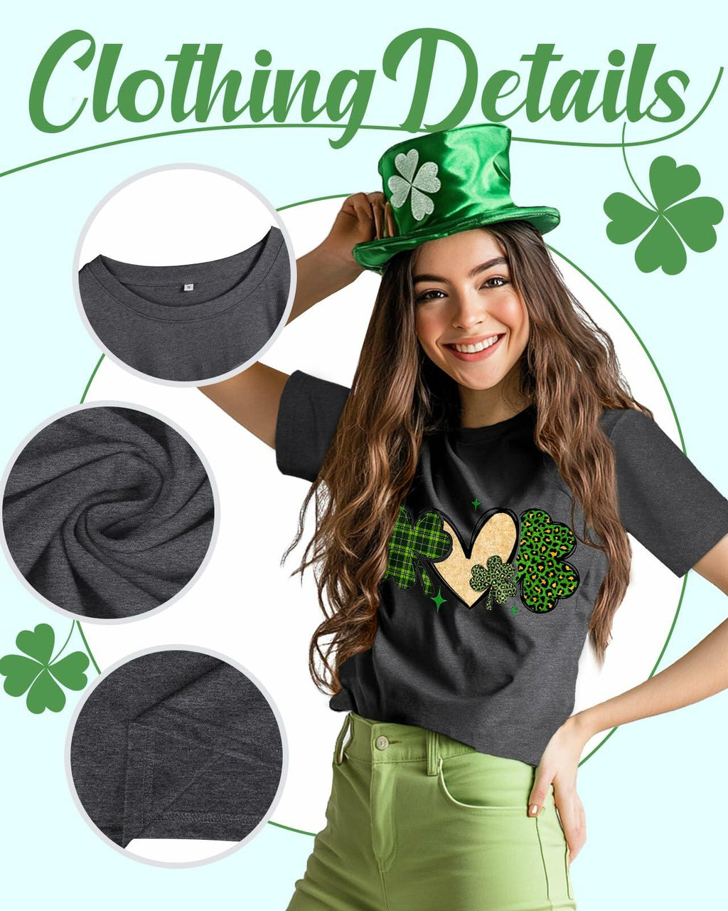 JMHACHY St. Patrick's T-Shirt Women Shamrock Heart Leopard Grey Size M