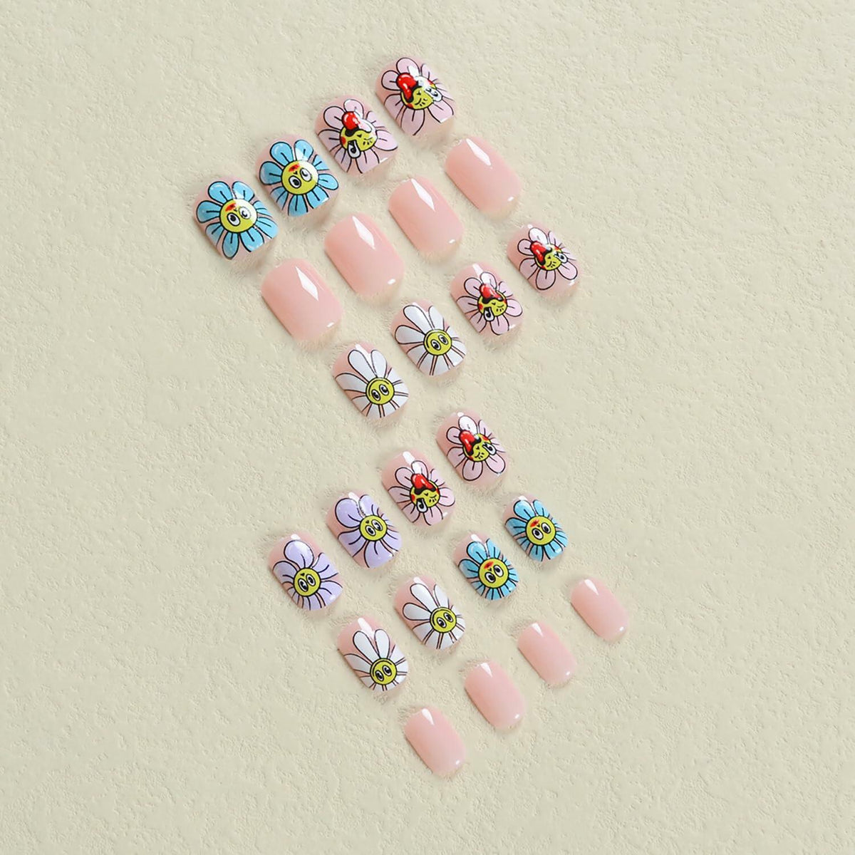 RIICFDD Summer Press On Nails Short Square Nude Pink Flower 24Pcs