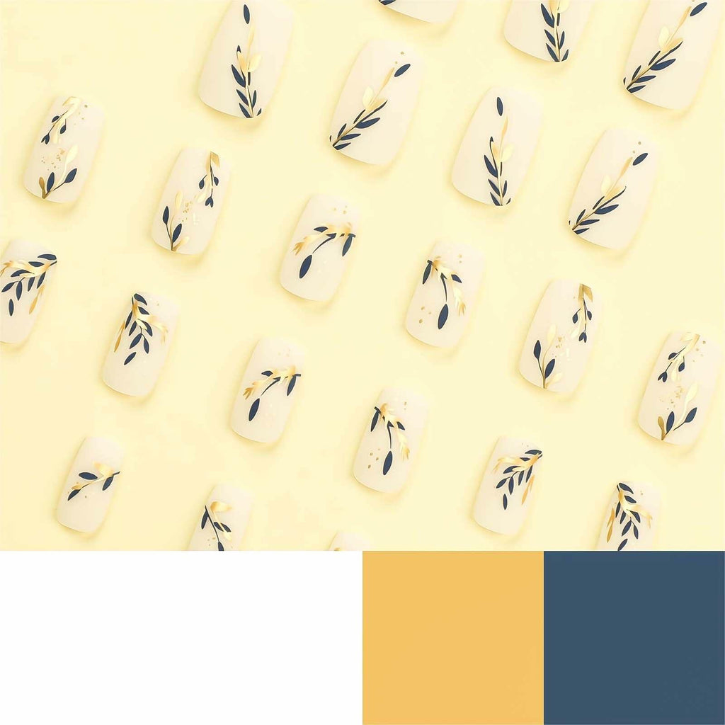 RUOKEXIN Acrylic Coffin Nails 24Pcs Red Blue Flower Gold Rhinestones Glossy