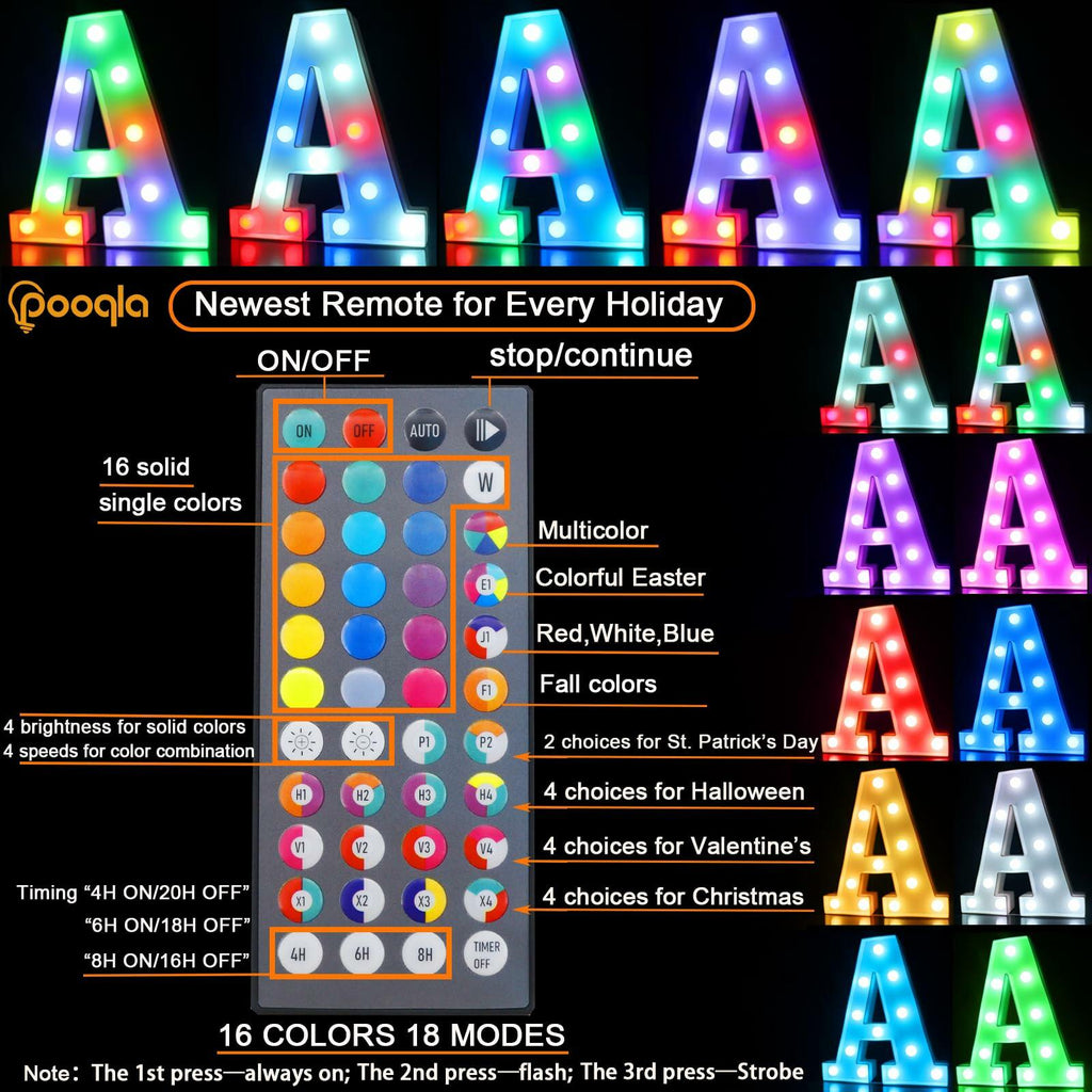 Pooqla Light Up Letter O LED Marquee Light RGB Color Changing 34 Colors Remote