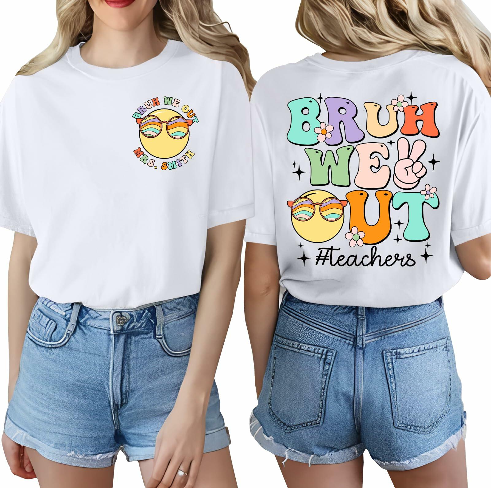 Teacher Shirts Women Last Day of School Bruh Letter Print Casual White Size L