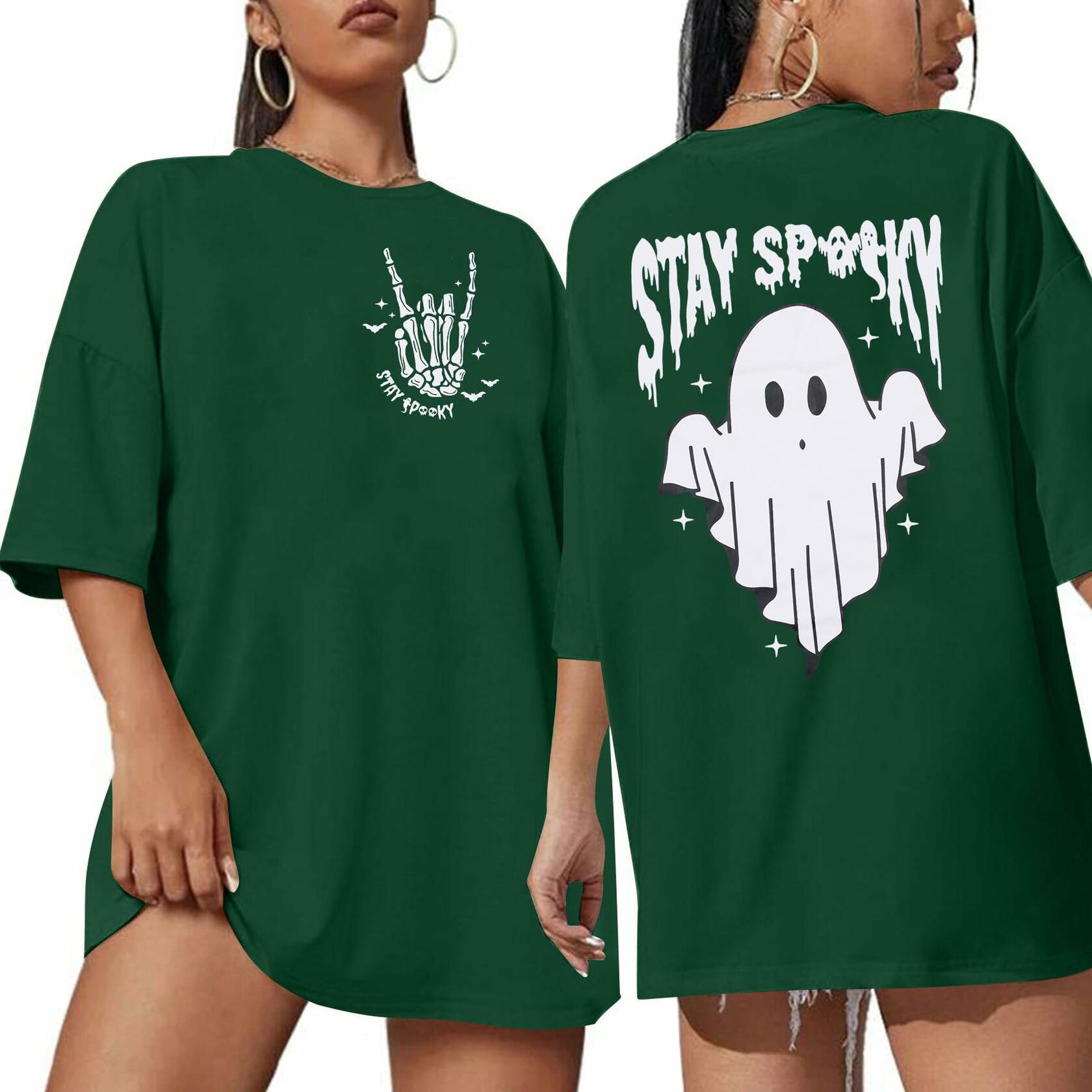 Halloween Oversize T-Shirt Women Spooky Graphic Ghost Tee Green Size XL