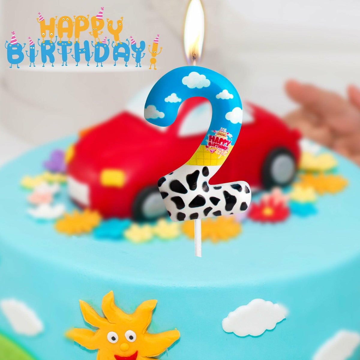 Zi Lan Cartoon Birthday Cake Topper Candles Blue Sky White Cloud Black Cow