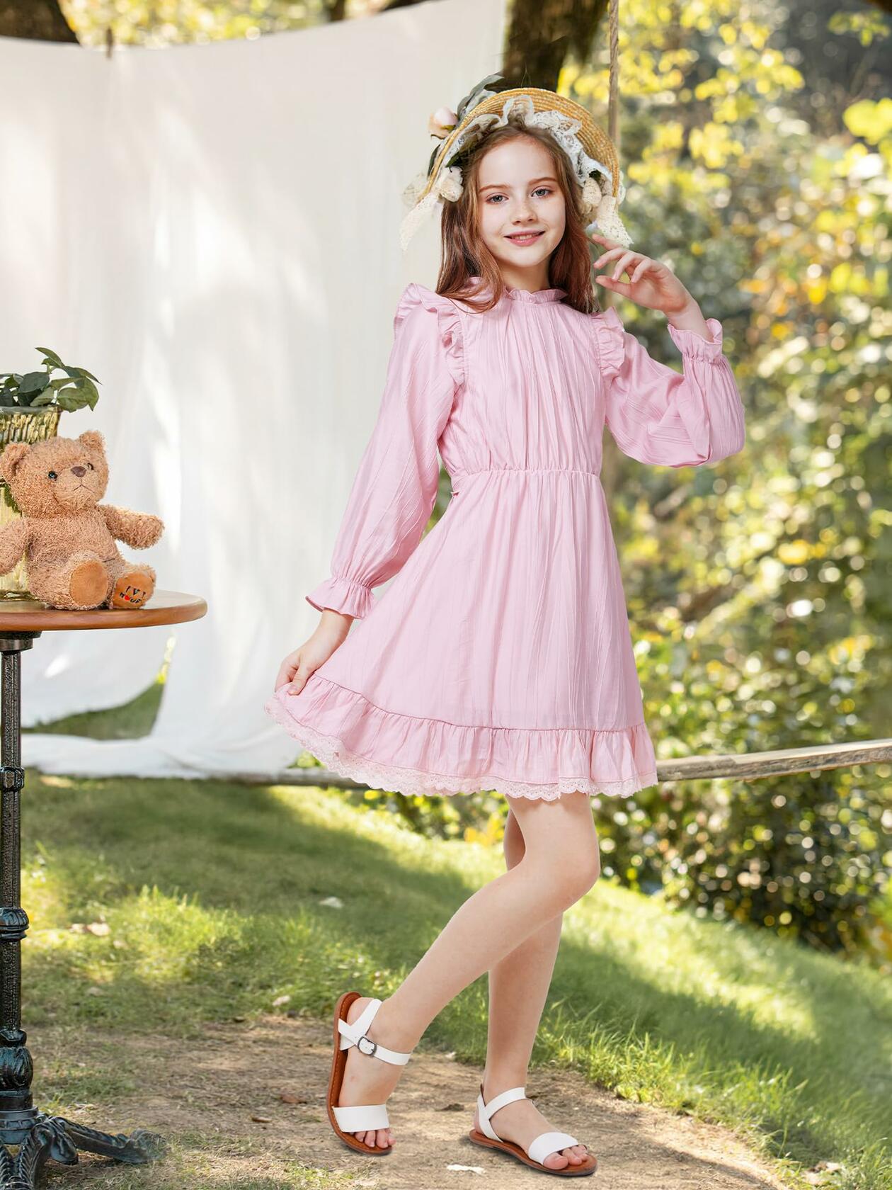 WULFUL Girls Long Sleeve Flared Belted A-line Dress Pink Size 9-10