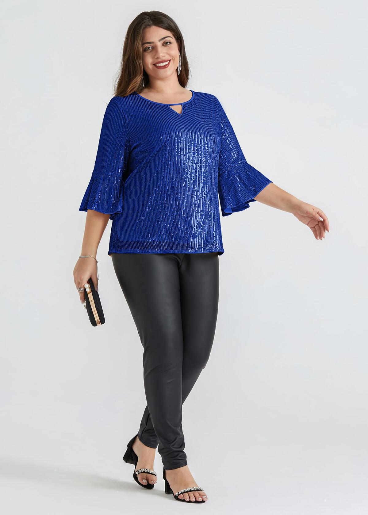 Hanna Nikole Sequin Ruffle Long Sleeve Wrap Blouse Blue Size 16Plus