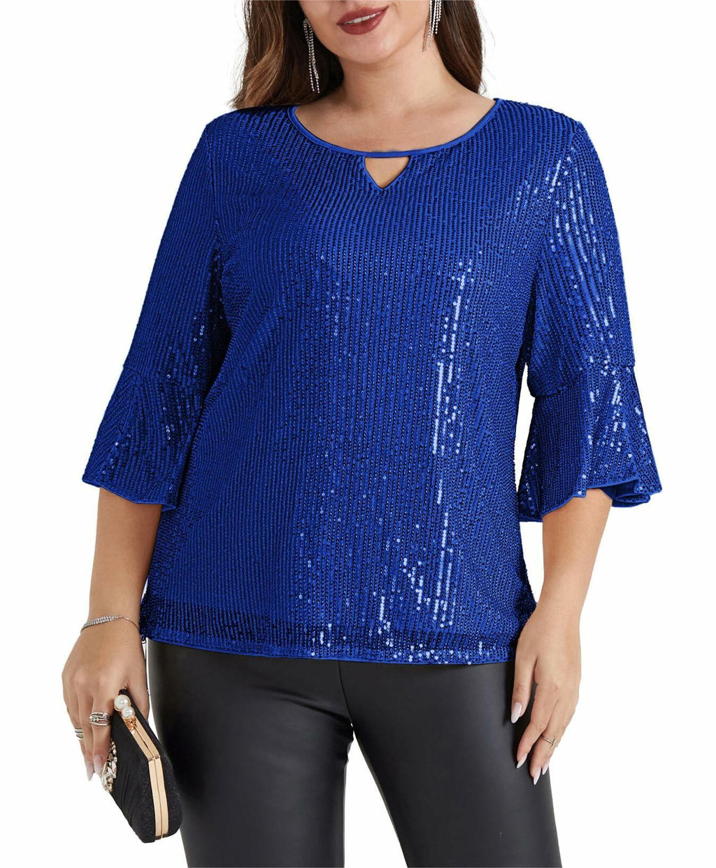 Hanna Nikole Sequin Ruffle Long Sleeve Wrap Blouse Blue Size 16Plus