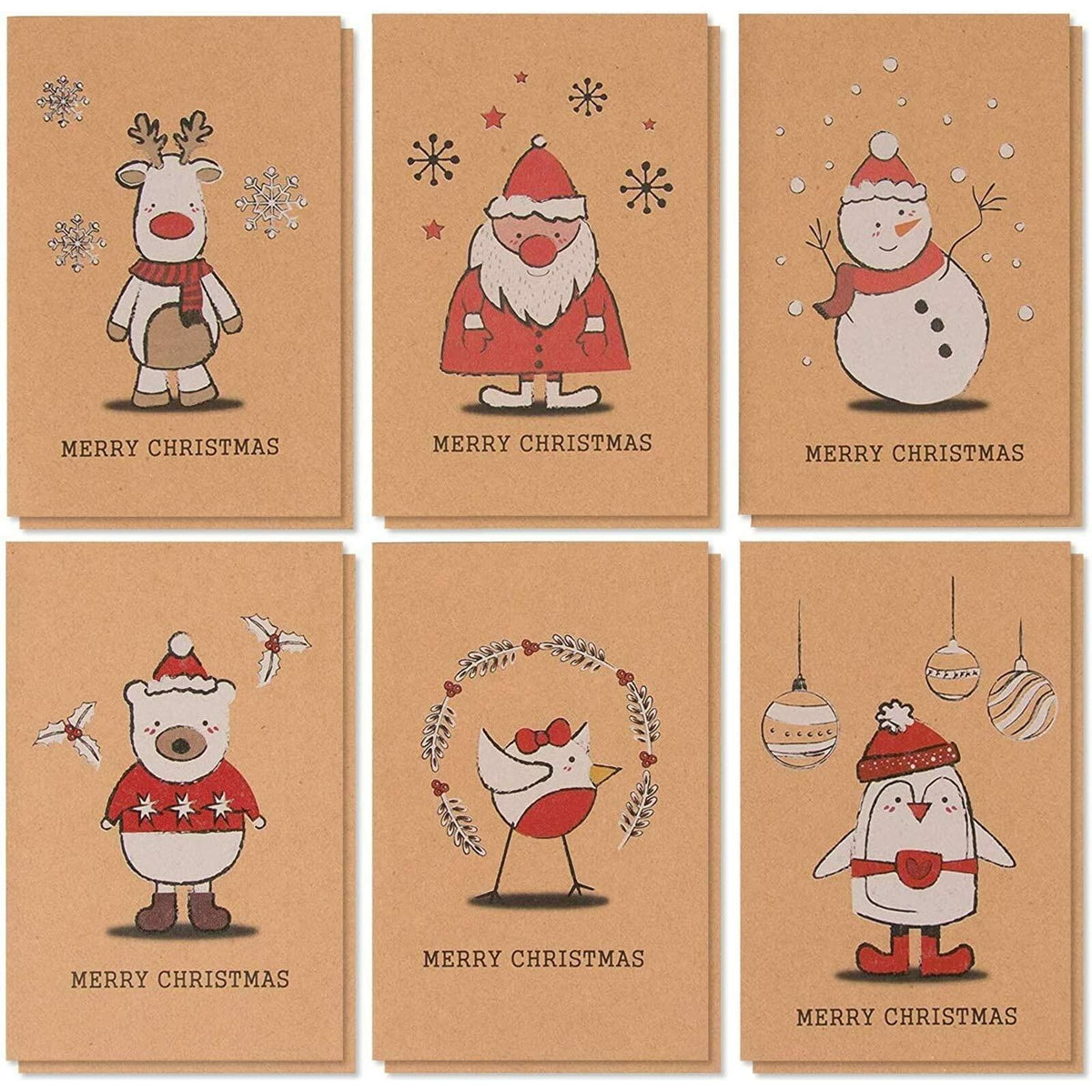 BEST PAPER GREETINGS Christmas Cards 36 Pack 4x6 Kraft Paper Red White Envelopes