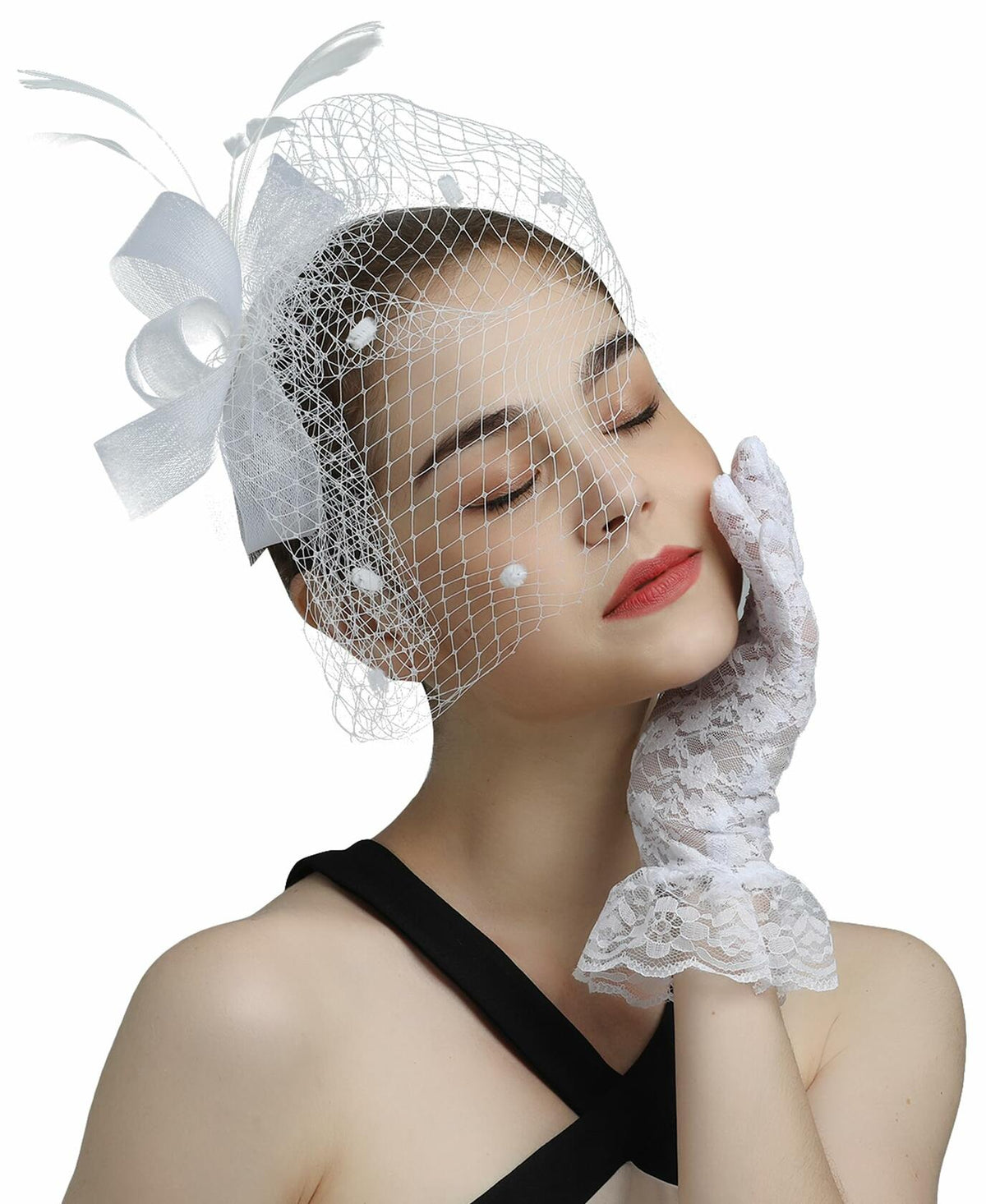 Kidukso Fascinators Hat Vintage 1930s Derby Mesh Veil Feathers White