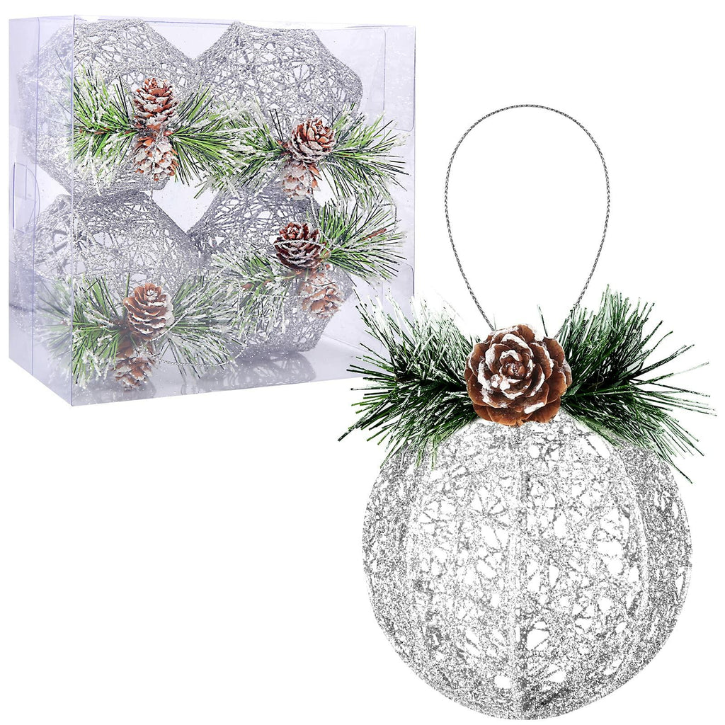 Christmas Ball Ornaments 4pc Silver Pinecone Rattan Thread String Decor