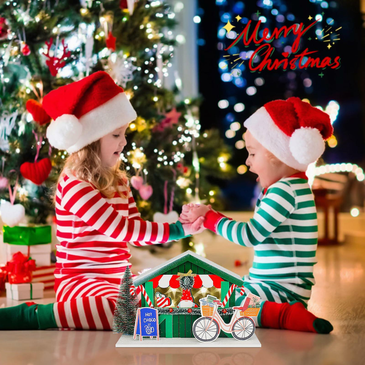 Zqoyn LED Lighted Christmas Village Set Indoor Table Decor Bicycle