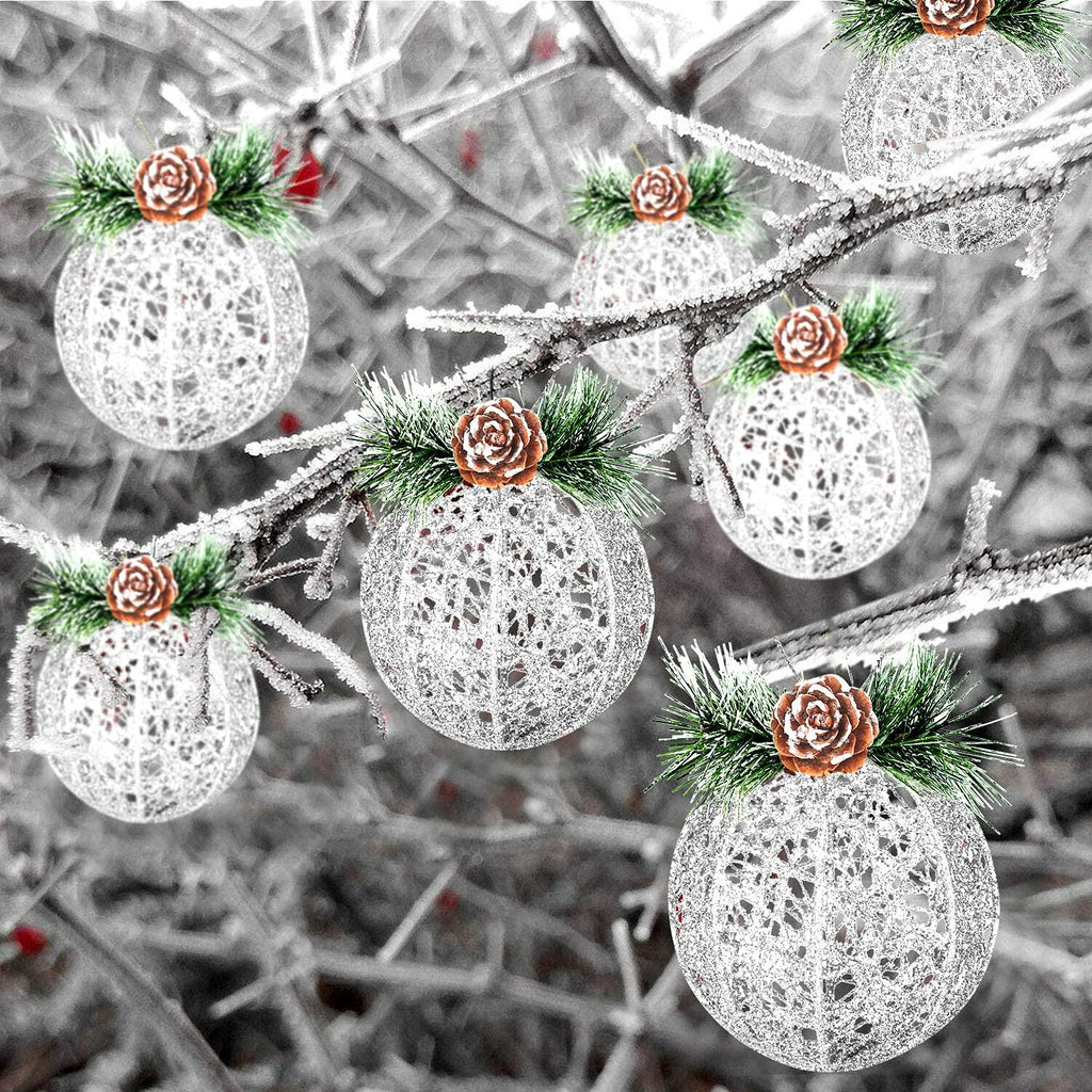 Christmas Ball Ornaments 4pc Silver Pinecone Rattan Thread String Decor