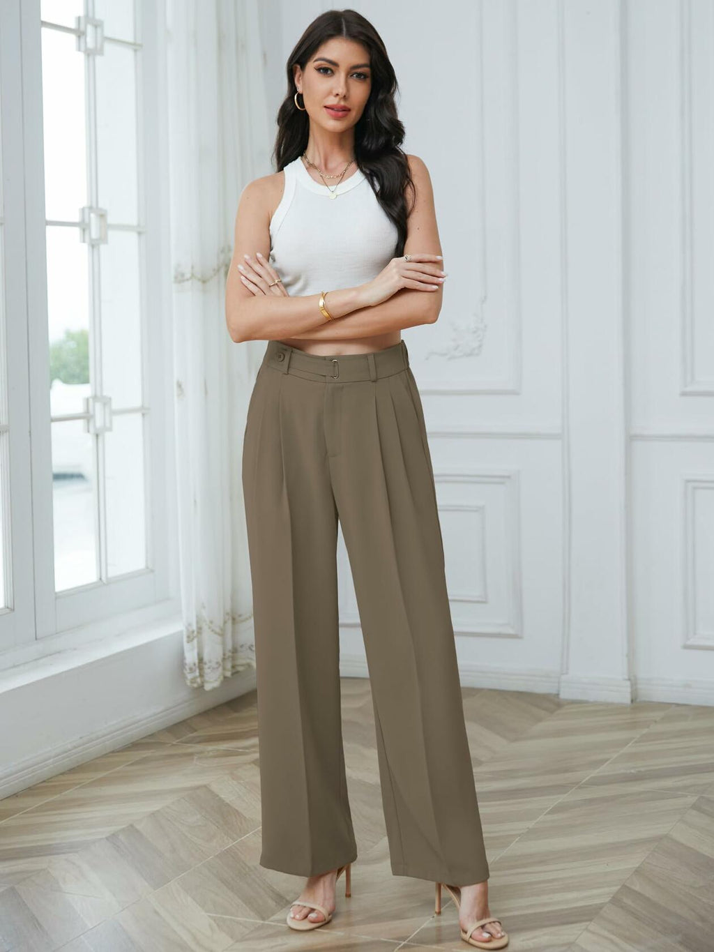 Betusline Womens Business Casual Wide Leg Long Dress Pants Brown Size Small