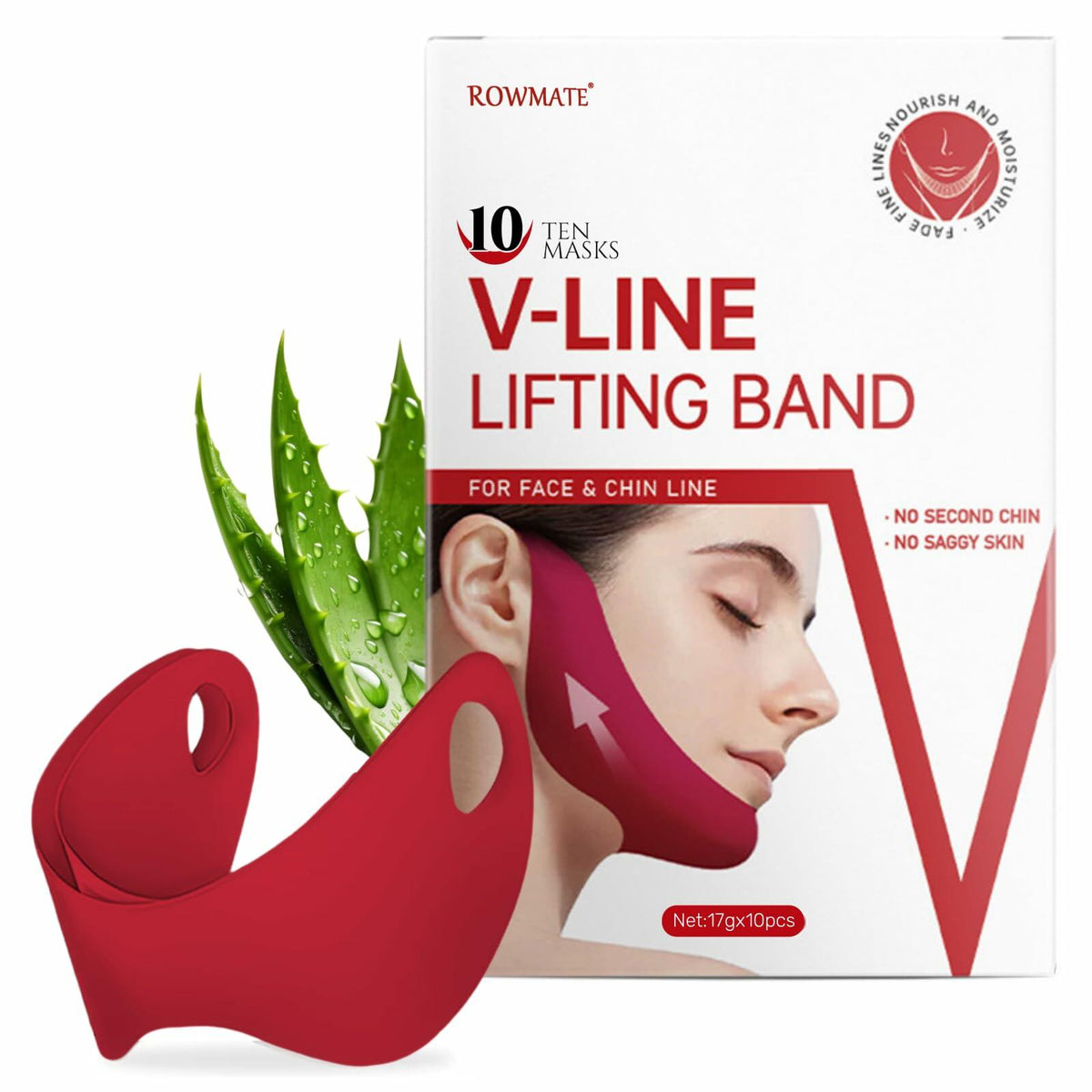 ROWMATE Chin Strap Toning Hydrogel Collagen Mask Hyaluronic Acid Red 10 pcs