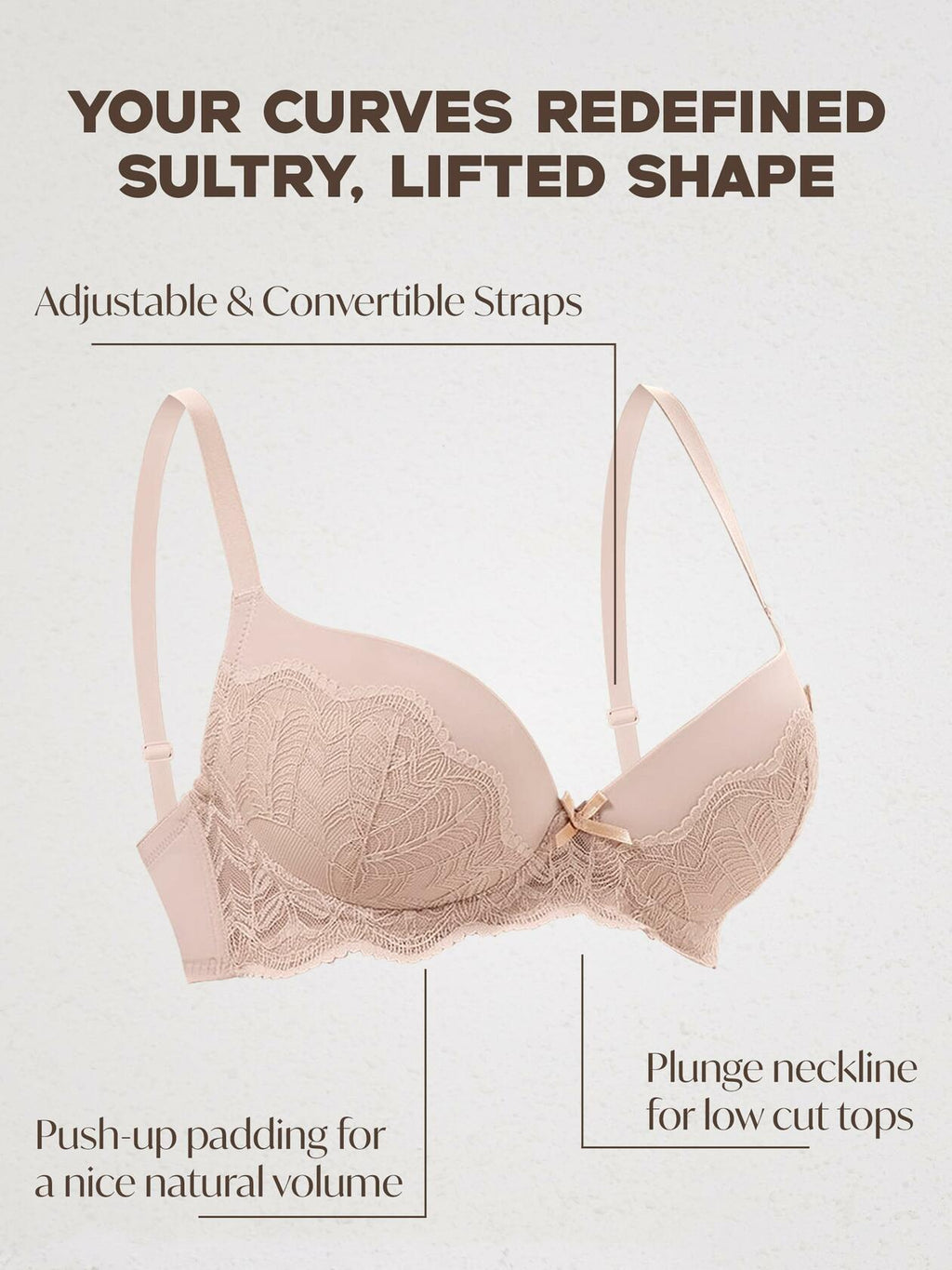 IHOIU Women's Lace Push Up Bra Padded Underwire Convertible Nude Size 36B