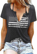 Womens Patriotic V Neck T Shirt American Flag Graphic Dark Gray Size M