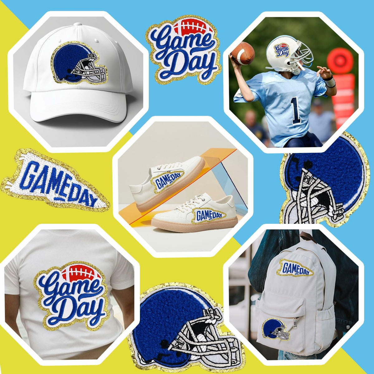 Tmtains Football Helmet Iron-On Patches Blue 6Pc Embroidered Game Day