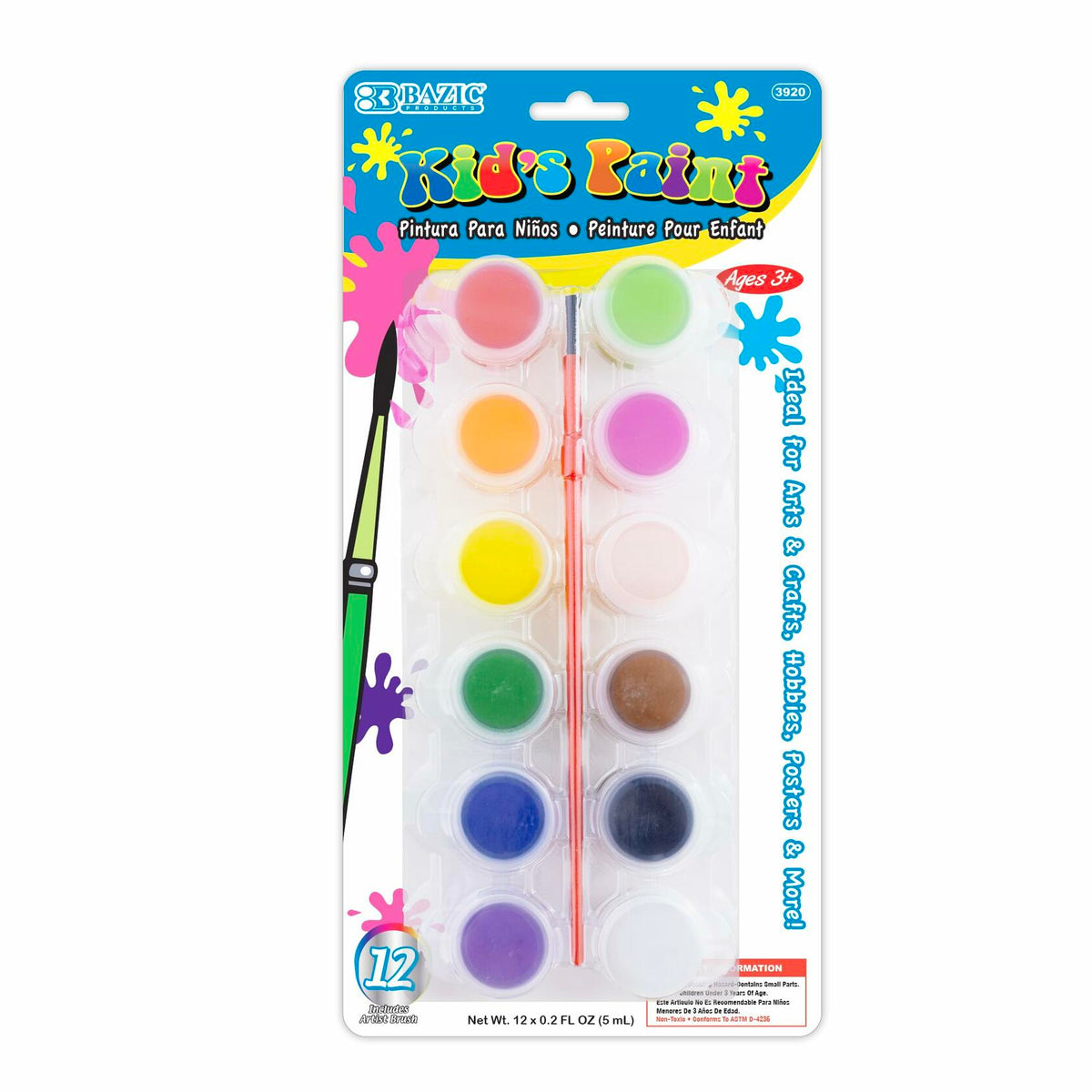 [Like New] BAZIC Kid's Paint Set 12 Colors 60ml Non-Toxic Vibrant Colors 1-Pack