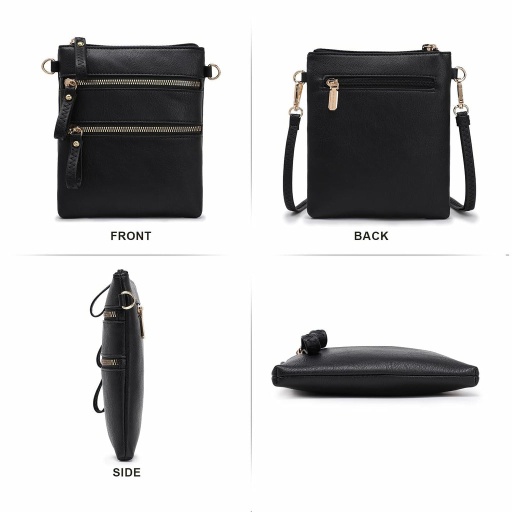 AMELIE GALANTI Small Vegan Crossbody Purse Bag Triple Zipper Black