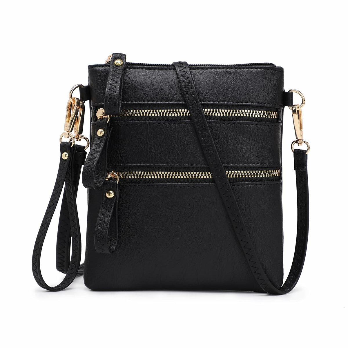 AMELIE GALANTI Small Vegan Crossbody Purse Bag Triple Zipper Black
