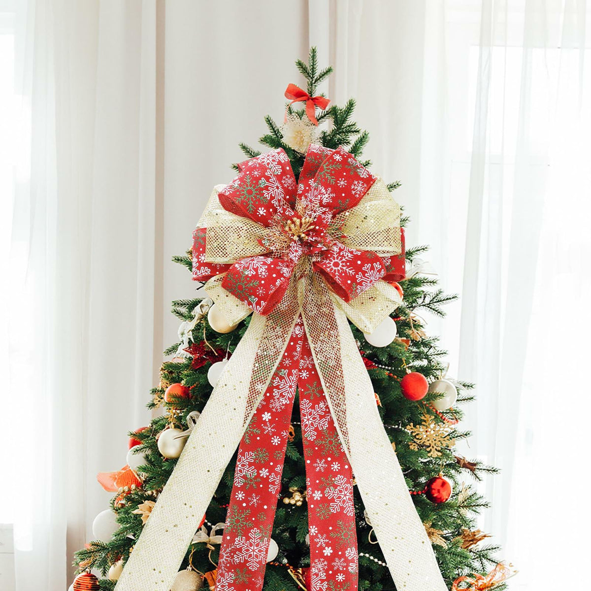 Filltown Christmas Tree Topper Bow 53x13 Inch Red & Gold Xmas Ornament