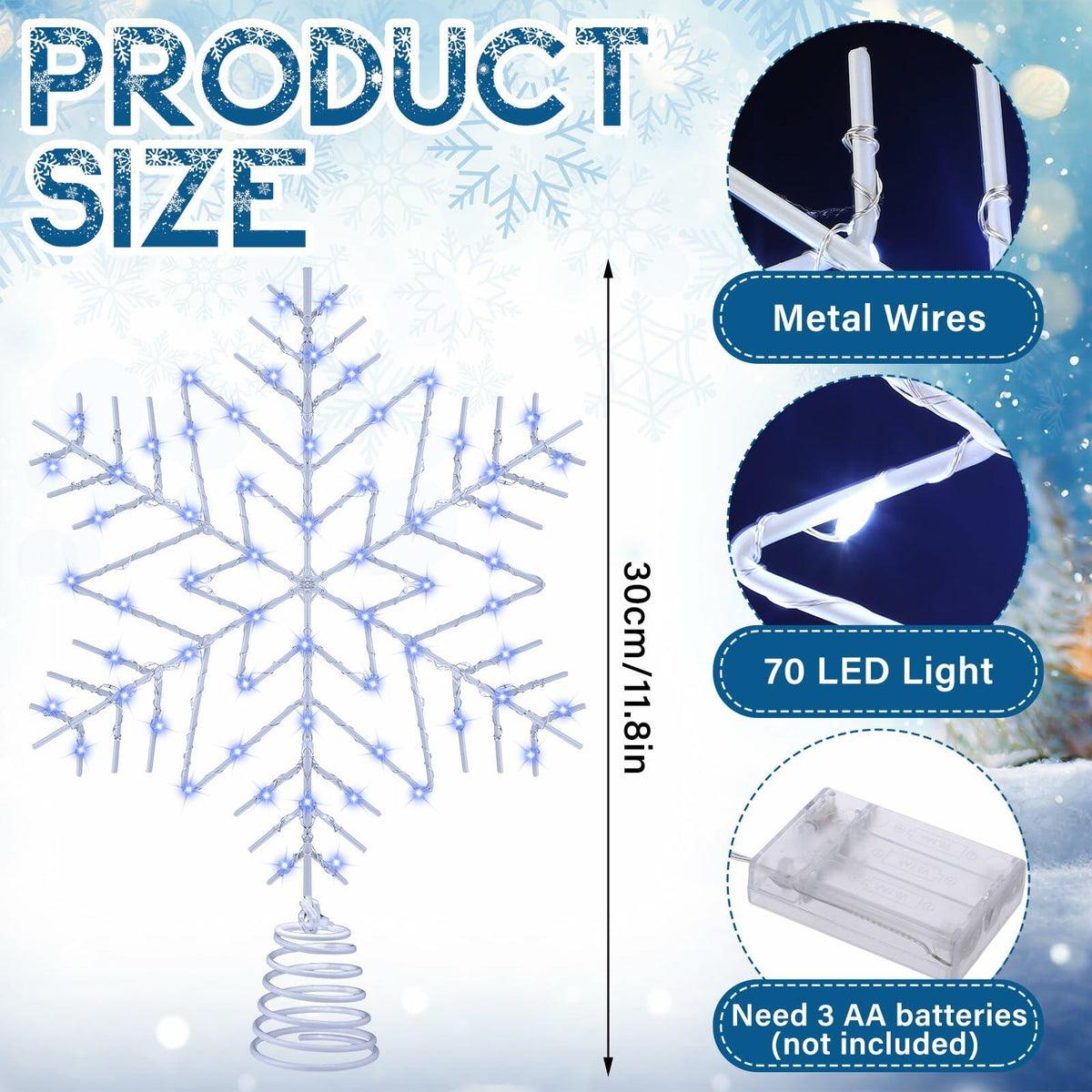 [Like_new] VIHOSE 12" Lighted Snowflake Christmas Tree Topper Metal Battery Operated