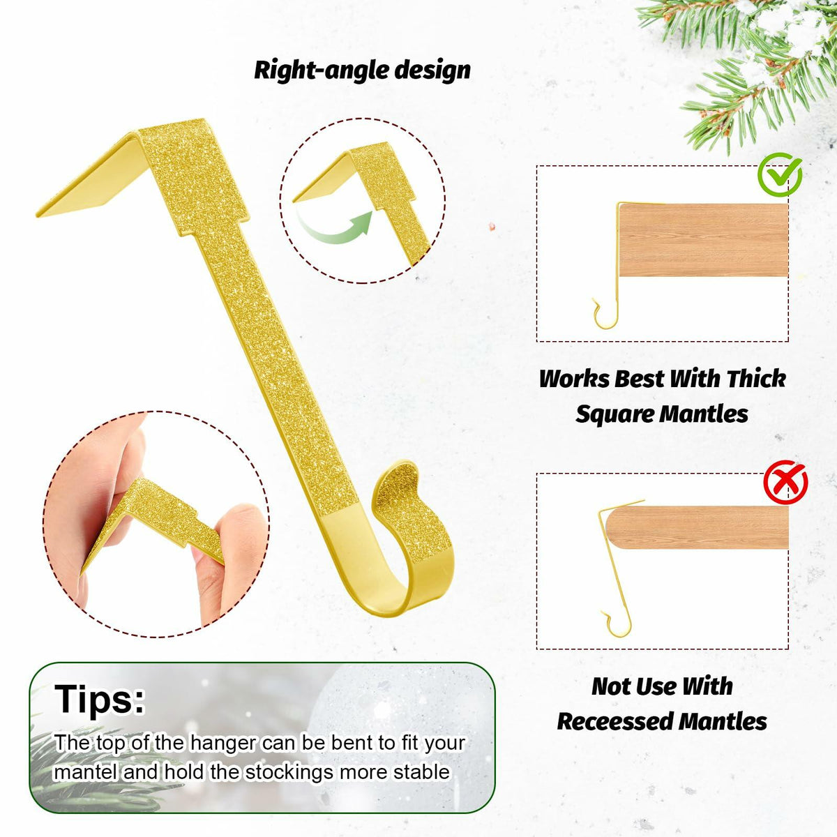 Tandefio 12 Pack Glitter Christmas Stocking Holder Hangers Gold Mantel Hooks