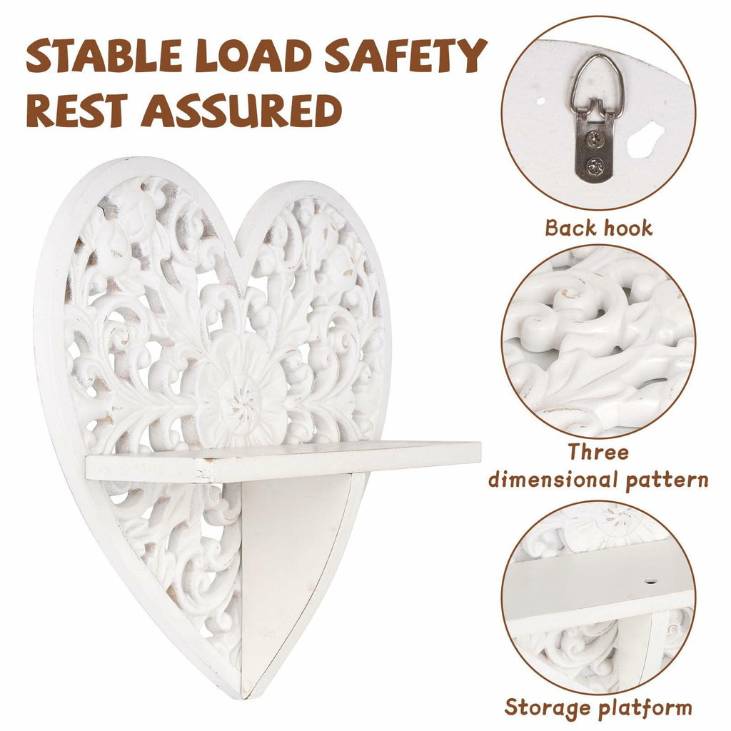 Multipurpose Floating Wall Shelf with Key Hooks Heart-Shaped 12" Vintage White