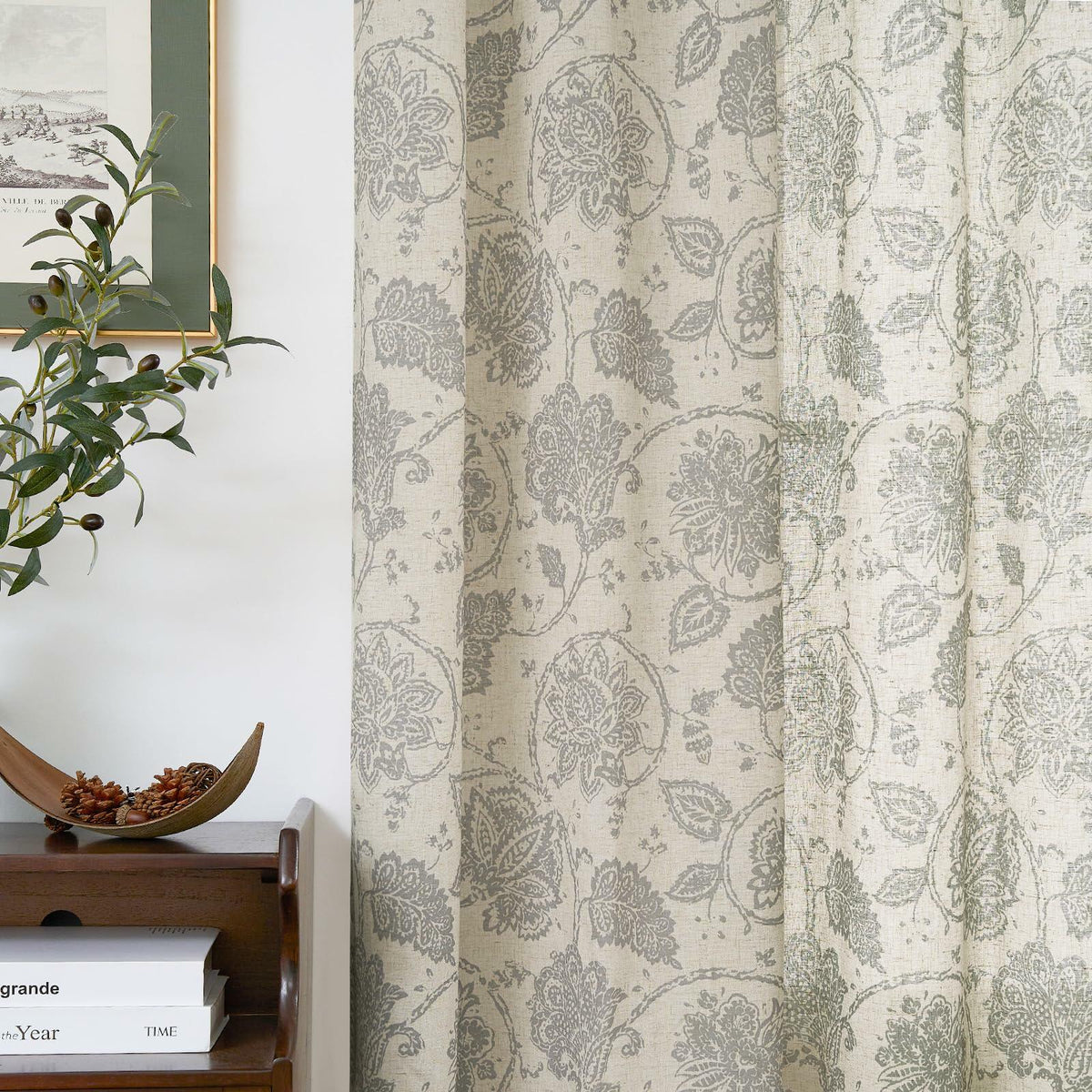 [Like_new] jinchan Linen Curtains Gray Floral Paisley 63in Length 2 Panels