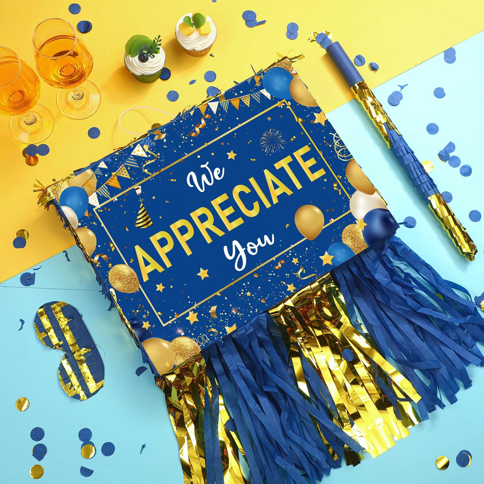 [Like New] Poen We Appreciate You Piñata with Stick Blindfold Blue Gold Confetti 16x12 Inch