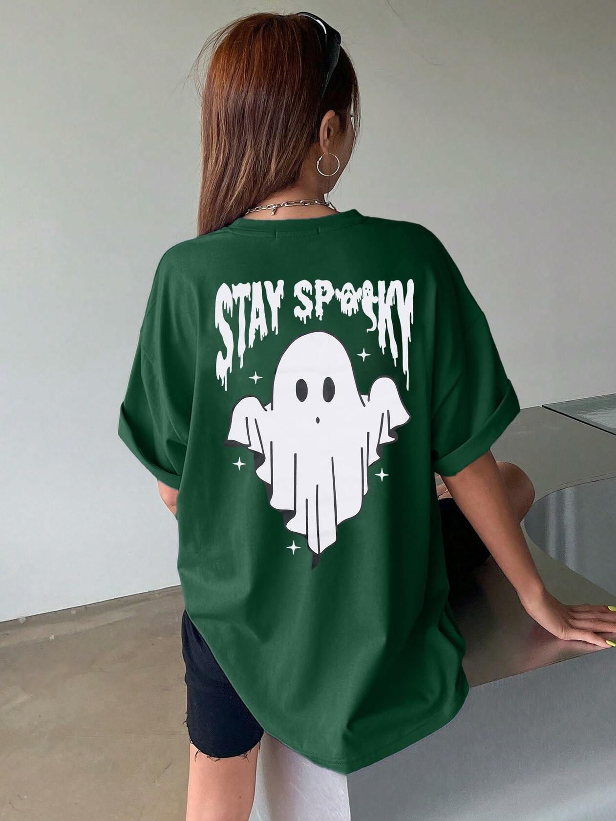 Halloween Oversize T-Shirt Women Cute Spooky Graphic Ghost Tee Green Size L